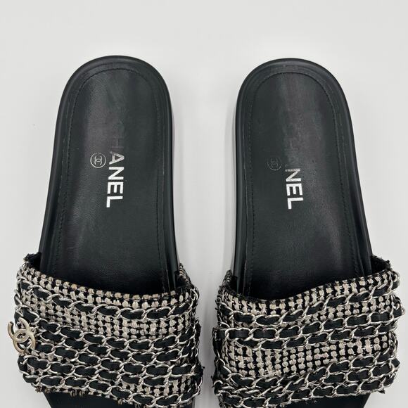 Chanel CC Chain Slide Sandals Flat Canvas Slip On Shoes Black Tweed Size 38 - Picture 5 of 14